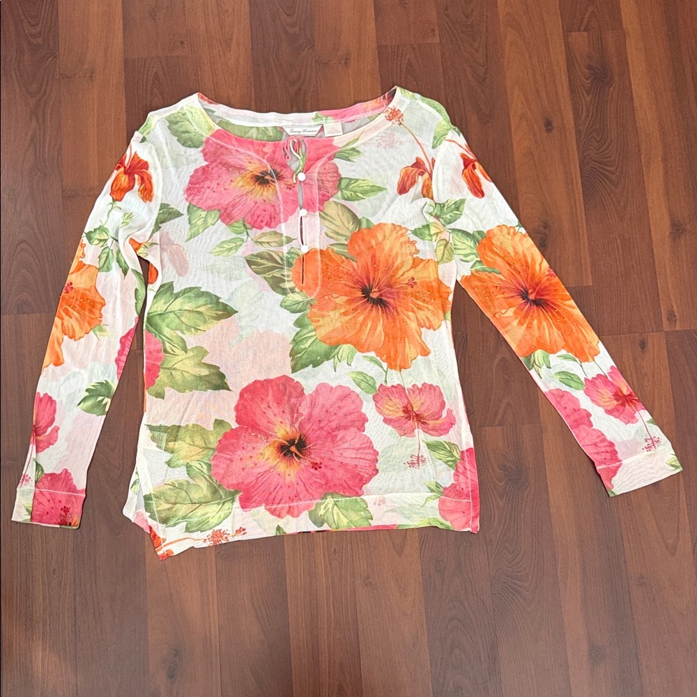 Tommy Bahama 100% White Floral Long Sleeve Tee with Pink & Orange Blooms